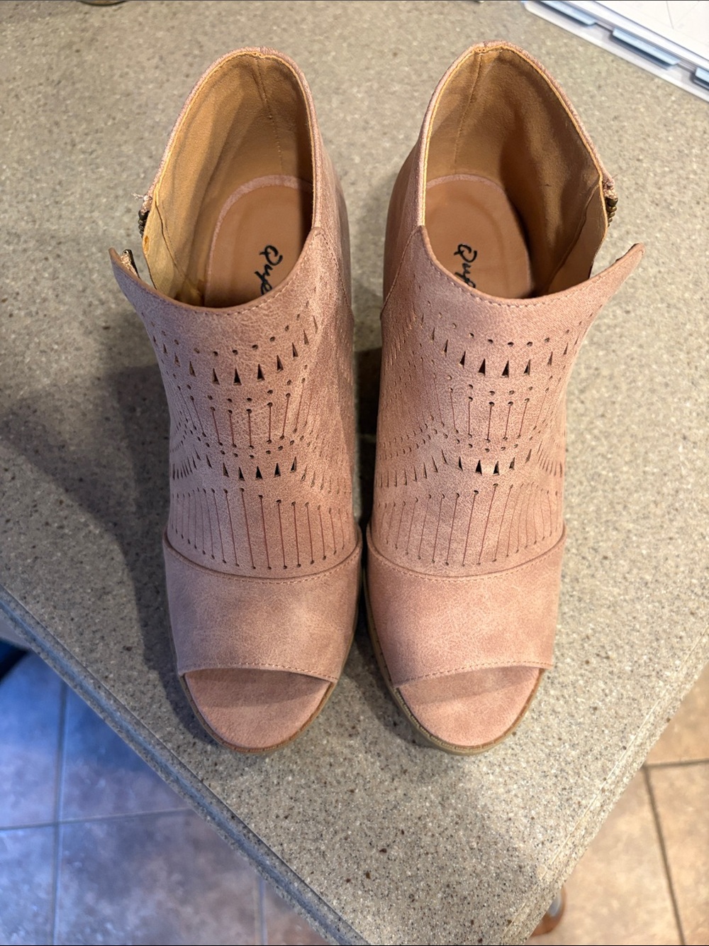 Qupid Blush Pink Peep-Toe Laser-Cut Ankle Booties